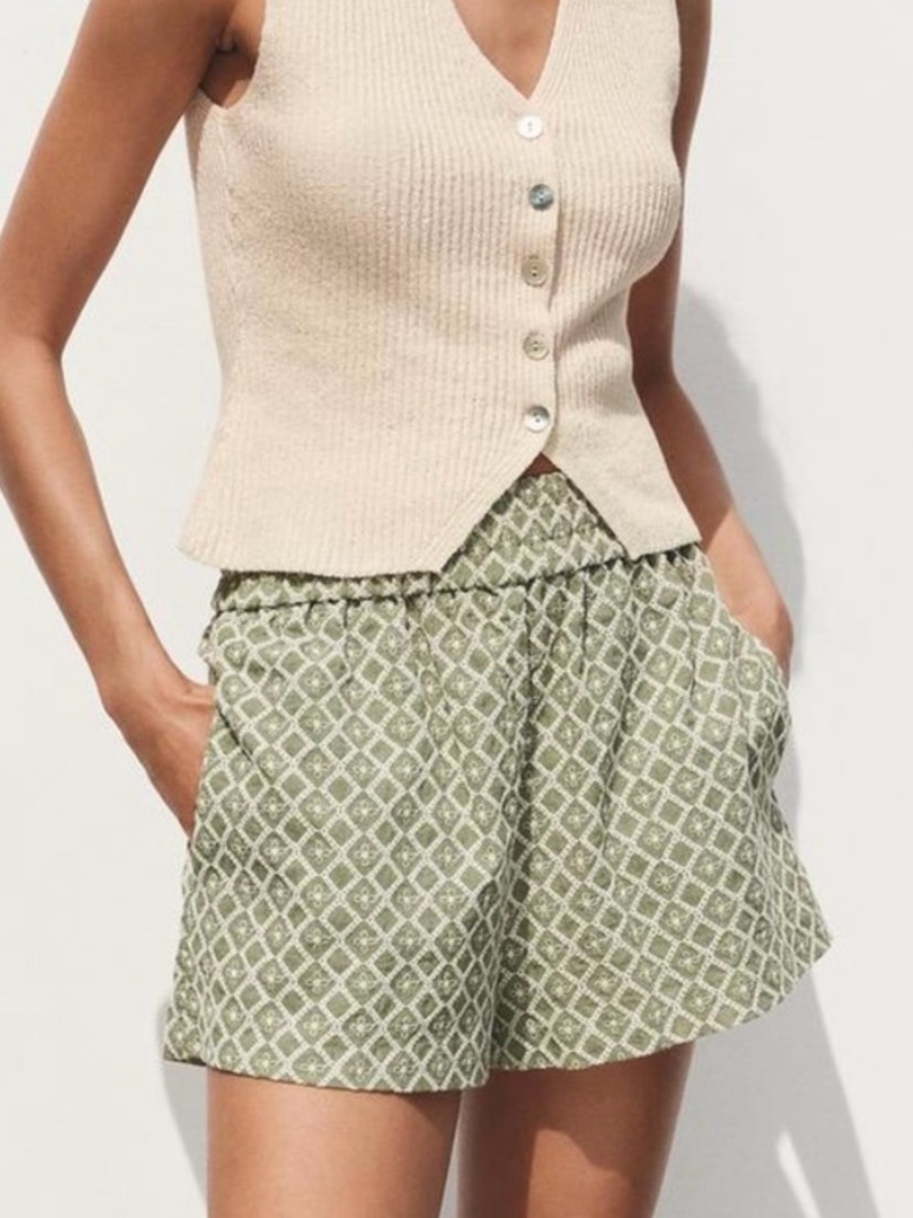 Zara embroidered sage Green Shorts